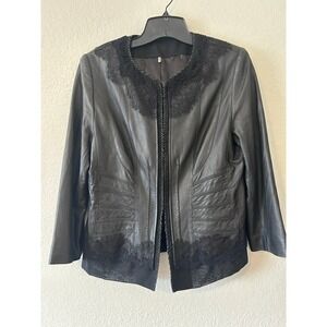 Vampy Goth Leather Lace Trim Elie Tahari Black Open Front Moto Jacket SZ M